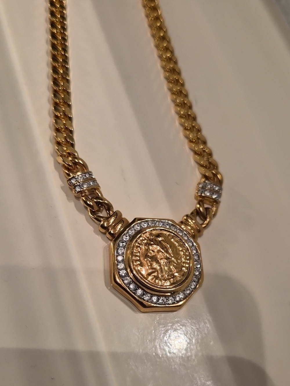 Vintage Goldtone Coin Pendant Chain Necklace with Crystal Halo